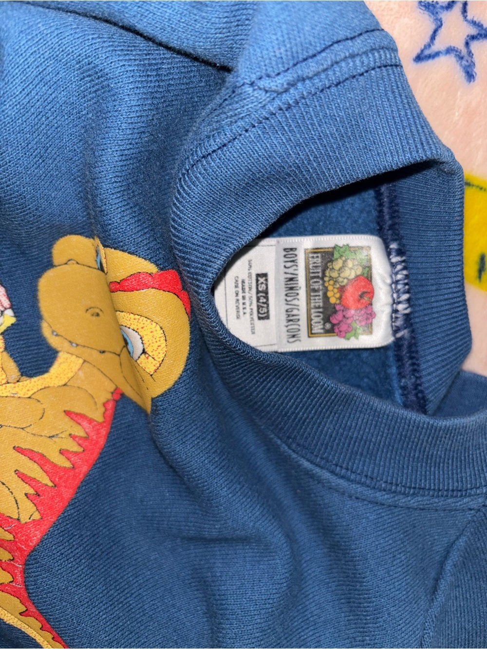 Vintage Fruit of the Loom Blue Kids Sweatshirt with Dinosaur Graphic
